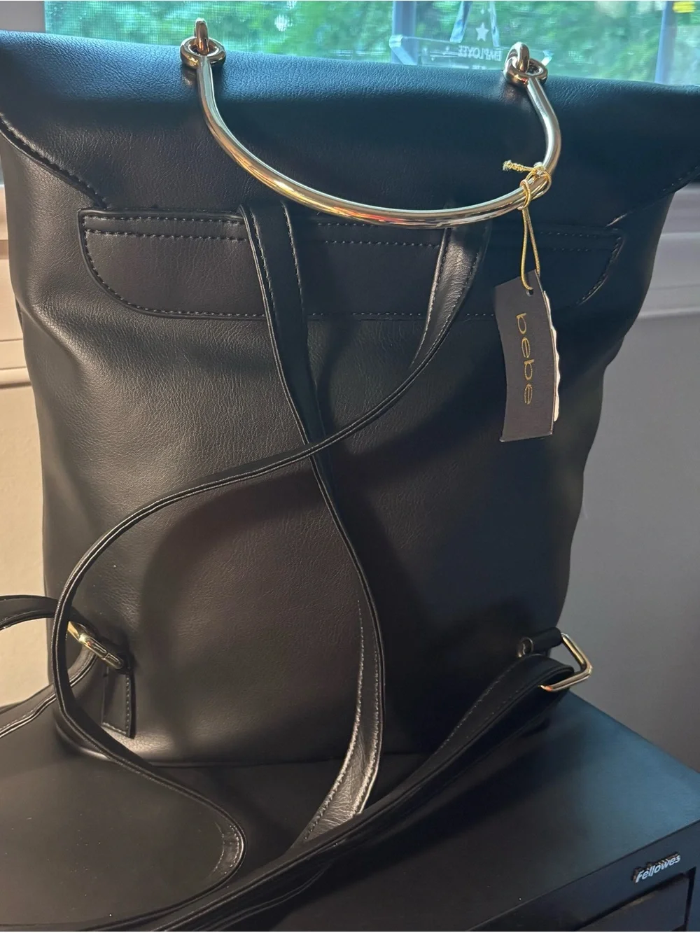 bebe Black Faux Leather Backpack with Gold Handle & Plaque